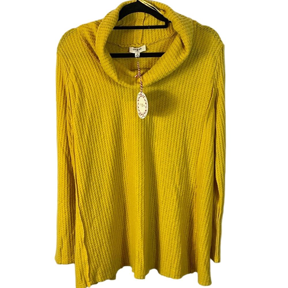 Umgee Mustard Yellow Waffle knit Cowl Neck Sweater Size Medium